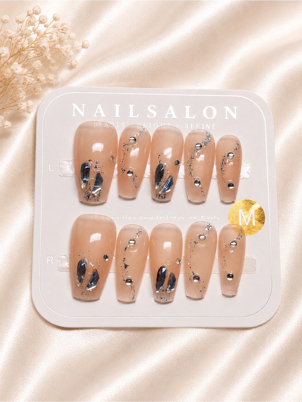 Neutral Nude Press-On Nails with Iridescent Accents size medium